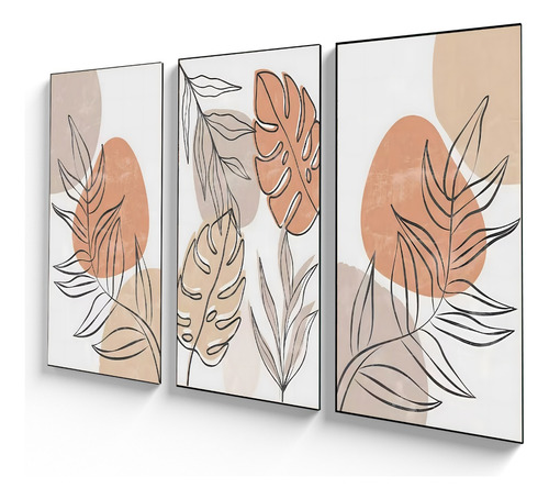 Cuadro Tríptico Decorativo Set 90x50cms Diseño Hojas Claras