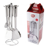 Kit 7 Pçs Utensilios Jogo  Para Cozinha Com Suporte Inox 