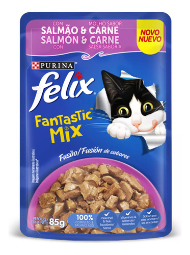 Alimento Húmedo Gato Fantastic Mix Salmón Carne Felix 5 X85g