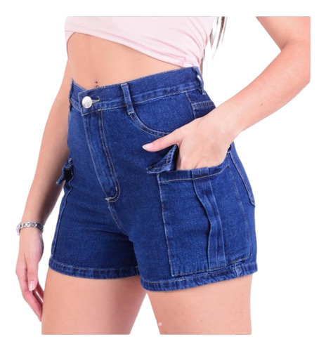 Short Mom Jean Cargo Tiro Alto Excelente Calce Mujer Moda