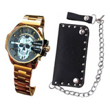 Cartera D Cuero Genuino Harley Calavera + Reloj  Combo Kit