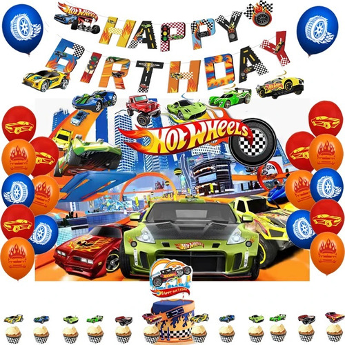 Kit Cumpleaños Decoración Hot Wheels Decoración + Tela Fondo