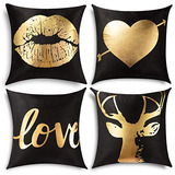 4 Fundas De Almohada De Decoración Negro Y Dorado, Fun...