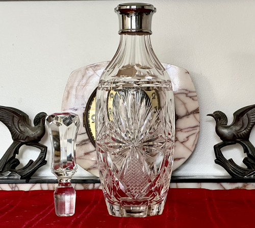 Botellón Antiguo Whisky Cristal Tallado Cuello B. Plata 40cm