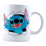 Taza Stitch Azul Doble Cara, Stitch Saliendo De La Pared