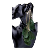 Luxo Brinco Ear Cuff Dourado Pena Verde Micangas Unidade