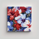 Cuadro Hibiscus Rojo, Blanco Y Azul - Estilo Óleo 20x20cm