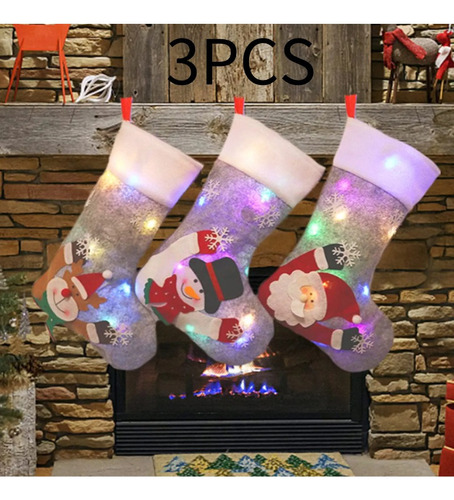 3 Piezas De Medias Navideñas Con Led, Decoración De Chimenea