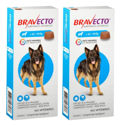 Bravecto Combo 2 Unid 1000 Mg Comprimido Cães 20 A 40 Kg