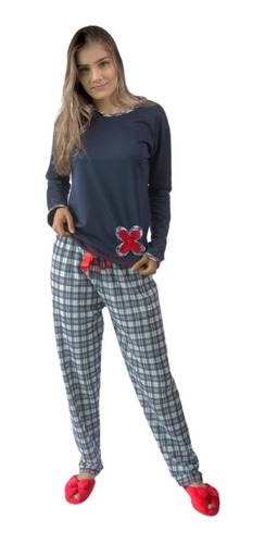 Pijama De Frio Moletinho Xadrex Longo Feminino Fechado