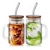 Juego De 2 Vasos Mason Jar Con Tapa Y Pajitas, 16oz Con Asa 