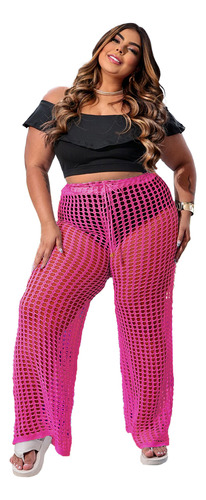 Calça Plus Size Saida De Praia Tricot Croche Cintura Alta