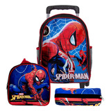 Mochila Masculina Rodinha Com Lancheira Infantil Spider Man Cor Preto Desenho Do Tecido Liso
