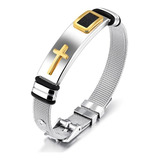 Pulseira Preta Jesus Cruz Unissex Aço Inox Folheado Ouro 18k