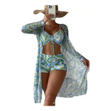 Bikini De Hilo Con Estampado Completo Y Kimono Playero