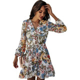 Vestido Midi De Manga Larga Con Estampado Floral Cuello En V