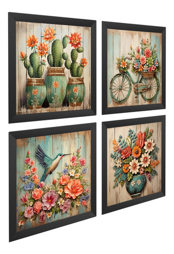 Kit 4 Quadros Decorativos Banheiro, Varanda, Cactos, Flores