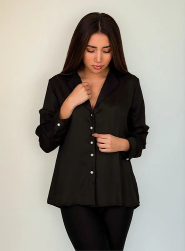 Blusa Moda Mujer Camisa Satin Lisa Botone Perlas Ek130
