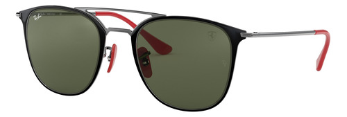 Anteojos De Sol Ray-ban Round Scuderia Ferrari Collection Standard Con Marco De Acero Color Polished Black, Lente Green De Cristal Clásica, Varilla Gunmetal/red De Acero - Rb3601m