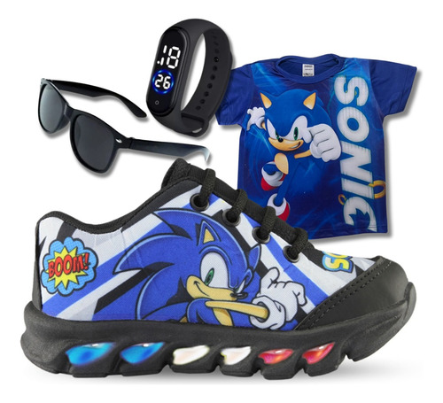 Tênis De Led Infantil Sonic Boom + Camisa + Relogio + Oculos