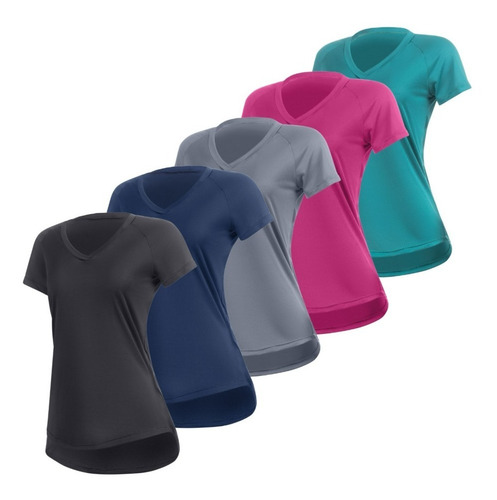 Kit 5 Blusas Fitness Dry Fit Poliéster Academia Feminina