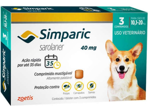Simparic 40 Mg Antipulgas 10,1 A 20 Kg Com 3 Comprimido