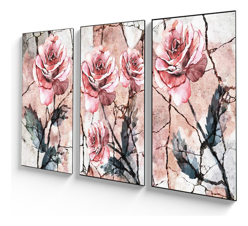 Cuadro Tríptico Decorativo Diseño Flores Tonos Rosas 90x50cm