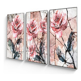 Cuadro Tríptico Decorativo Diseño Flores Tonos Rosas 90x50cm