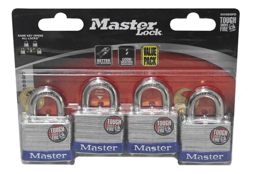 Juego De 4 Candados Con Llave Maestra Máster Lock 3008 Espd