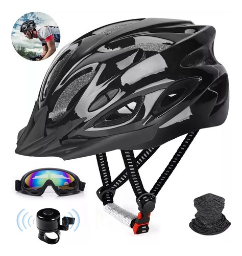 Casco De Bicicleta Unisex+luz De Bicicleta+gafas+mascara Color Negro Talla M