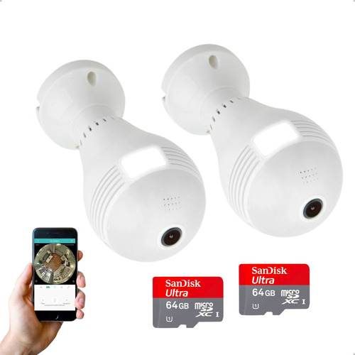 Kit 2 Câmeras Lâmpada Wi-fi Espiã 360 + 2 Cartões De Memória