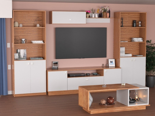 Combo Rack Tv + 2 Bibliotecas + Mesa Ratona + Repisa Modular