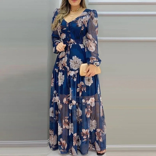 Vestido De Gasa Estampado Azul Con Forro