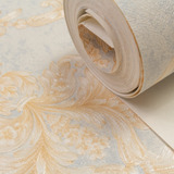 Papel De Parede Vinilico Lavavel Arabesco Azul Bebe Dourado