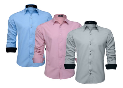 Kit Com 3 Camisas Social Masculina Slim Blusa Longa Lisa