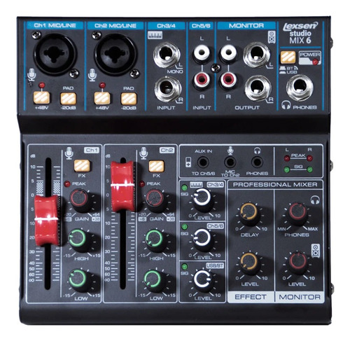 Mesa De Som De 6 Canais Com Interface Studio Mix 6 - Lexsen