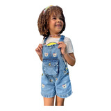 Jardineira Jeans Bordada Ursinho Macacão Infantil Menina