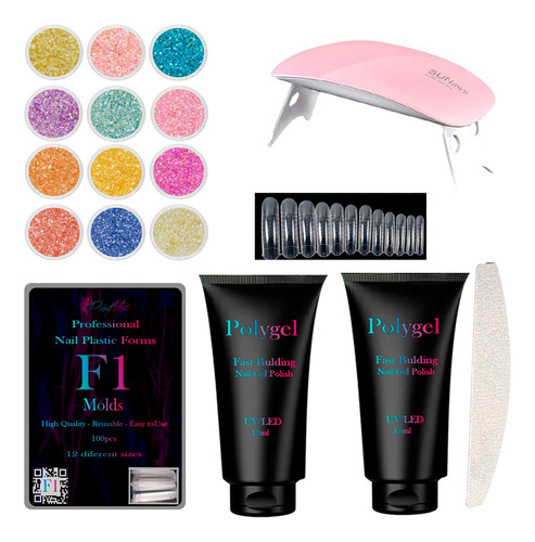 Kit Alongamento Polygel + Molde F1 + Cabine Sun Mini + Lixa