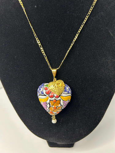 Dije Corazon Colores Mamá Talavera Con Cadena Chapa De Oro