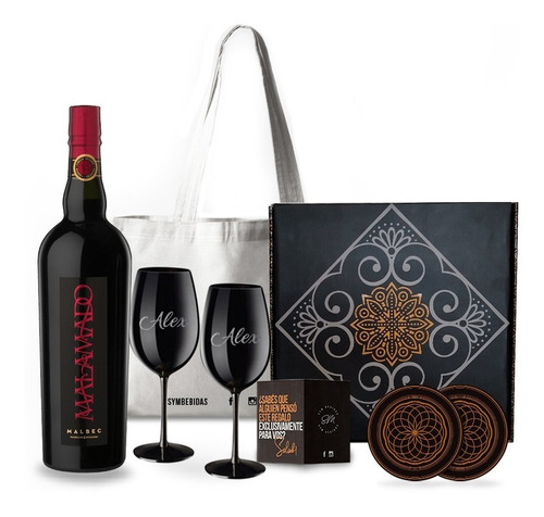 Box Set Vino Malamado Malbec 2 Copas Negras Grabadas Kit