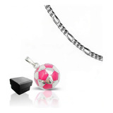 Dije Collar Balón Fútbol Soccer Rosa Plata 925 Cadena Gruesa