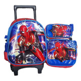 Kit Morral Hombre Araña Pequeño Con Ruedas + Lonchera + Cart