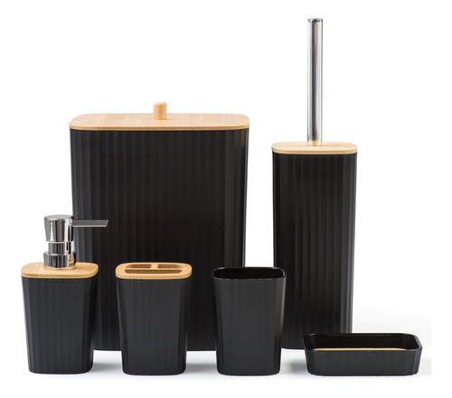 Kit Acessório Banheiro Lavabo 6 Pc Plástico Bambu Quadrado Cor Preto