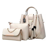 Set 3 Bolsas Bandolera Mujer Cosmetiquera Cartera Crossbody Color Beige