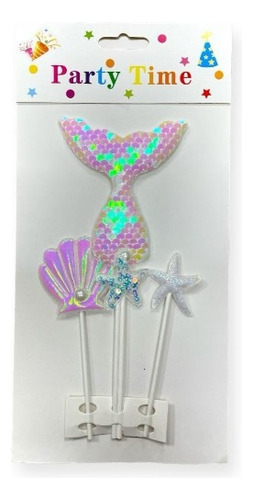 Adorno Cake Topper Cola Sirena Lentejuelas Ostra Estrellas 