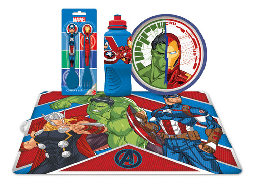 Combo Avengers Bazar Botella Cubiertos Mantel Y Plato
