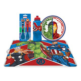 Combo Avengers Bazar Botella Cubiertos Mantel Y Plato