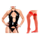 Corset De Vinilo + Tanga+medias Lencería Mujer Sado Sexshop