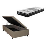 Cama Box Bege Solteiro Baú 88x188 Colchão Gransleep Ecoflex