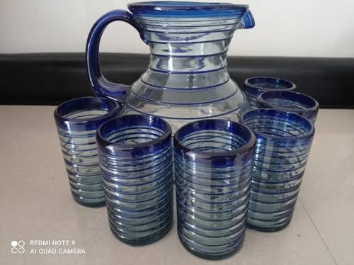 Jarra Vidrio Soplado Espiral Azul Con 6 Vasos Artesanal 